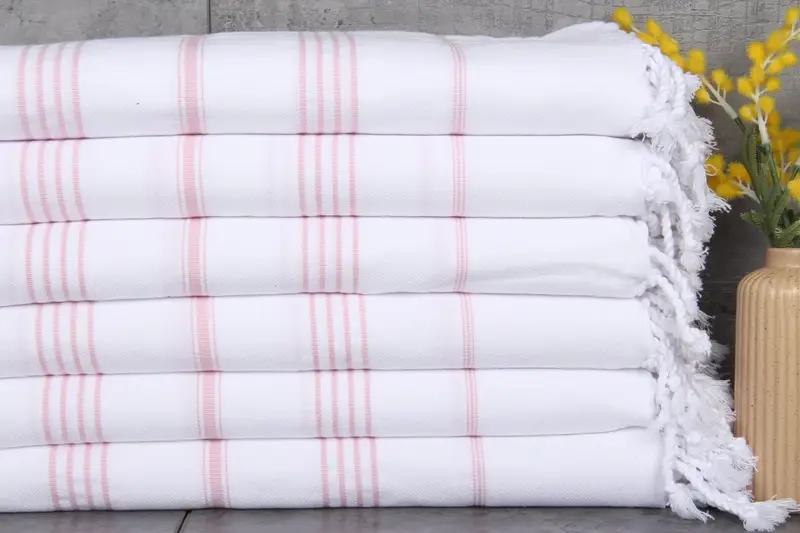 Personalized Beach Towel Light Pink Stripes, Beige, Organic Cotton, 40x71 Inches