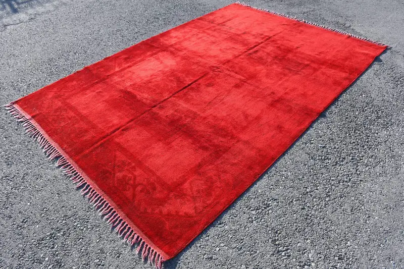 Vintage Büyük Halı 6,6x9,7 ft, Kırmızı Gri Puantiyeli Yün Halı - 1