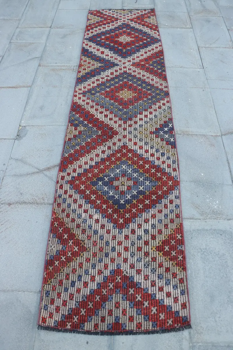 Blue & Red Rug, 2x8 ft Geometric with Floral Motifs