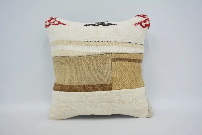 Handmade Rug Seat Cushion Case, Boho Pillow, Ethnical Kilim Rug Pillow, Pillow Sham, 16x16 White Cushion Case, Boho Pillow Sham Cover - 1