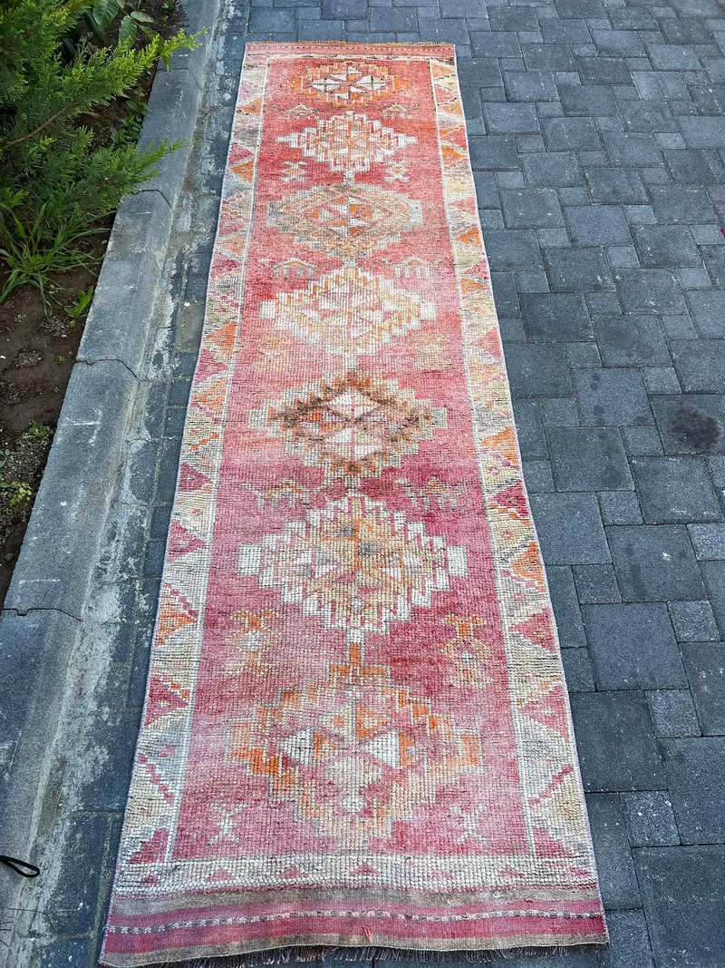 3x10,1 ft Läufer Türkischer Teppich, Vintage Teppich, Rot Orange Ombré Wollteppich - 1