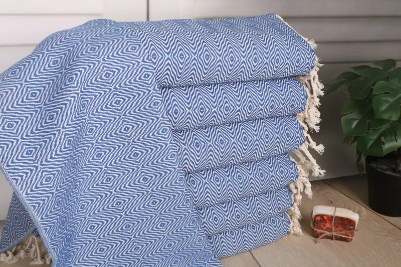 Monogram Hand Towel Sax Blue Cotton Zigzag Diamond, 36x18 Inches