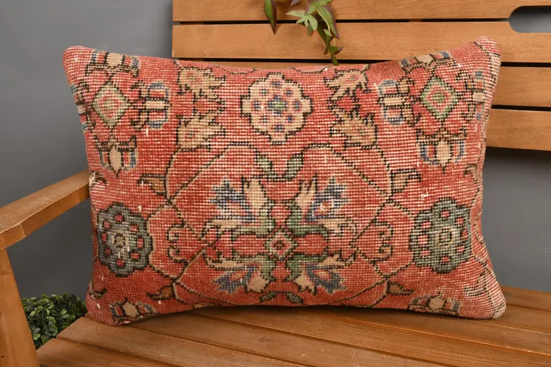 Rot & Grün Blumen besticktes Wurfkissen, handgemachtes Leinenkissen