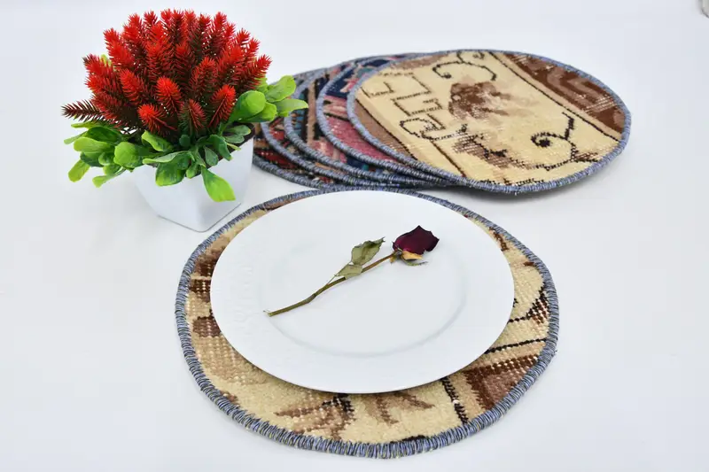 Bohemian Beige & Pink Circle Placemats, Cotton & Wool Placemats