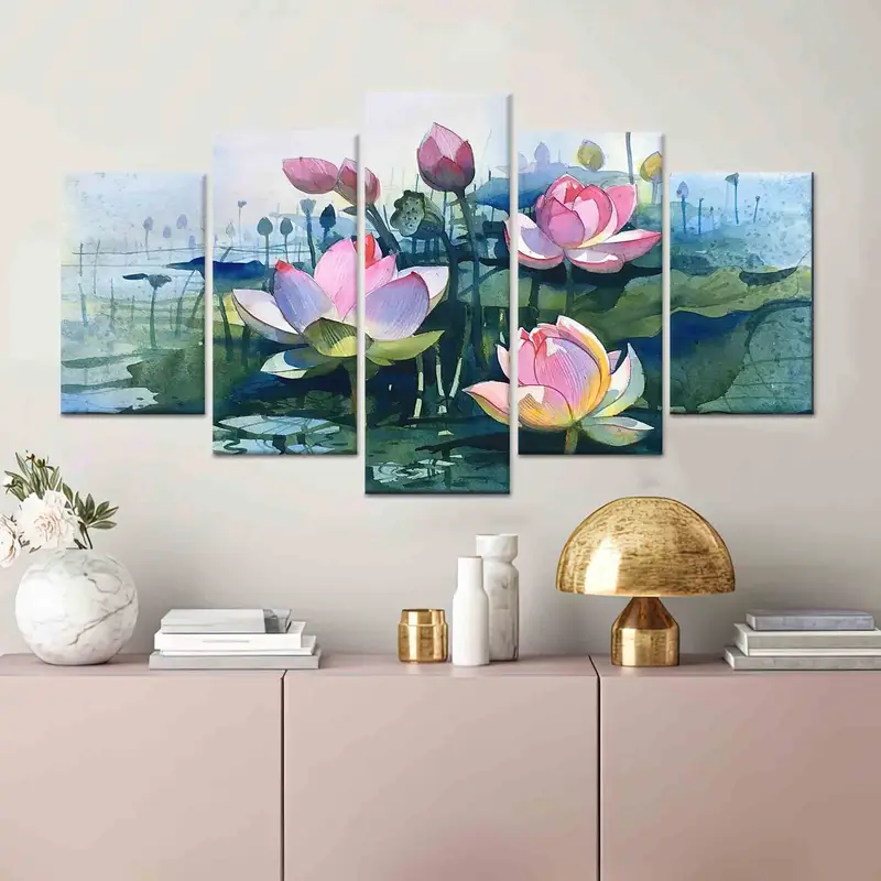 モダンな抽象ロータス キャンバス: ピンクの花の水彩アート プリント