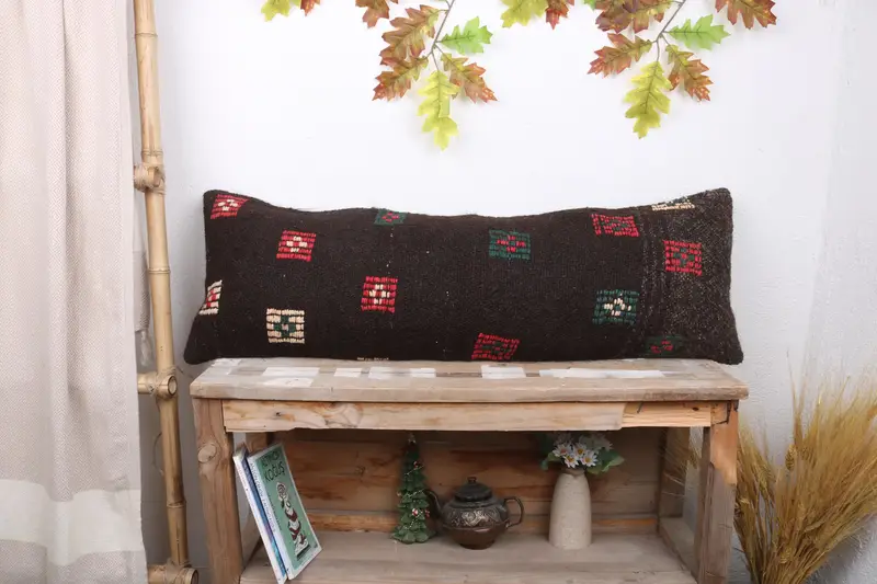 Brown & Red Embroidered Throw Pillow, Handmade Geometric Cushion