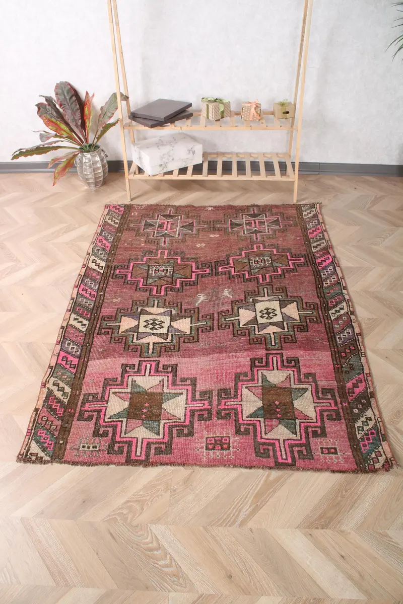 Vintage 4.2x5.7 ft Rug, Accent Turkish Rug, Red Brown Ombré Wool Rug - 1