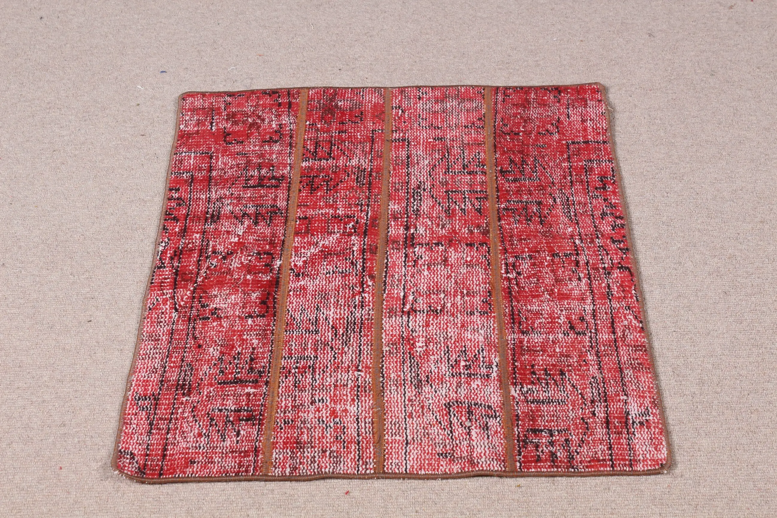 2.6x2.6 ft Turkish Rug, Rug, Red Patchwork Rug Wool - 1