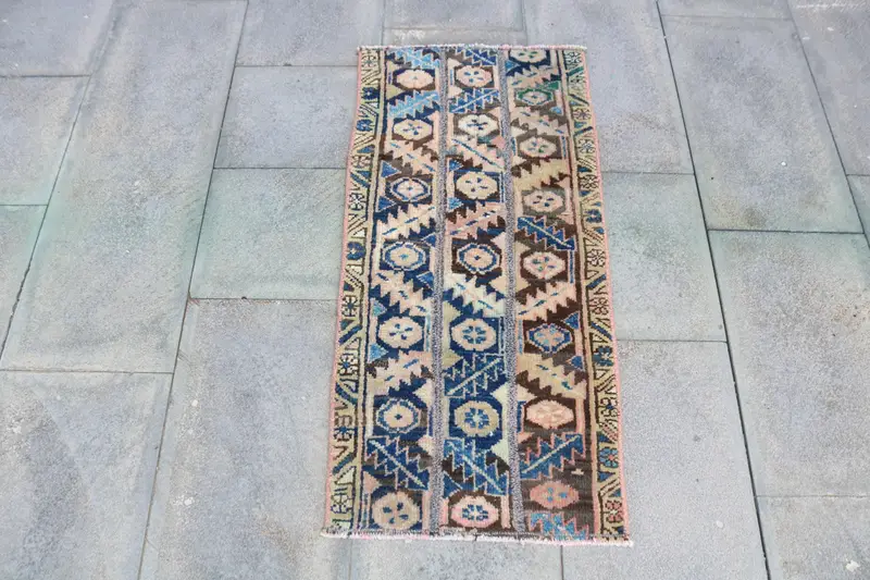 Turkish Vintage Rug, Small 1.4x3.2 ft (44x96 cm) Rug, Blue Ombré Wool Rug - 1