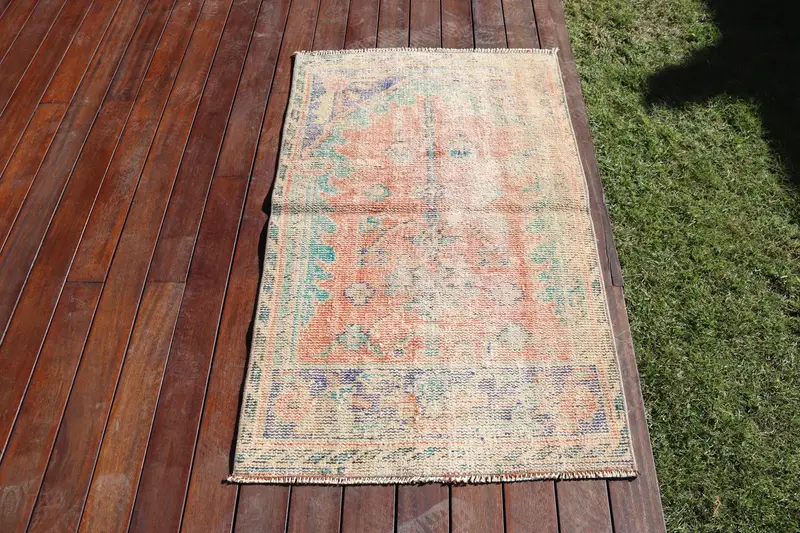 Vintage Turkish Rug, 2.4x3.9 ft Oushak Rug, Blue Orange Plants & trees Wool Rug - 1