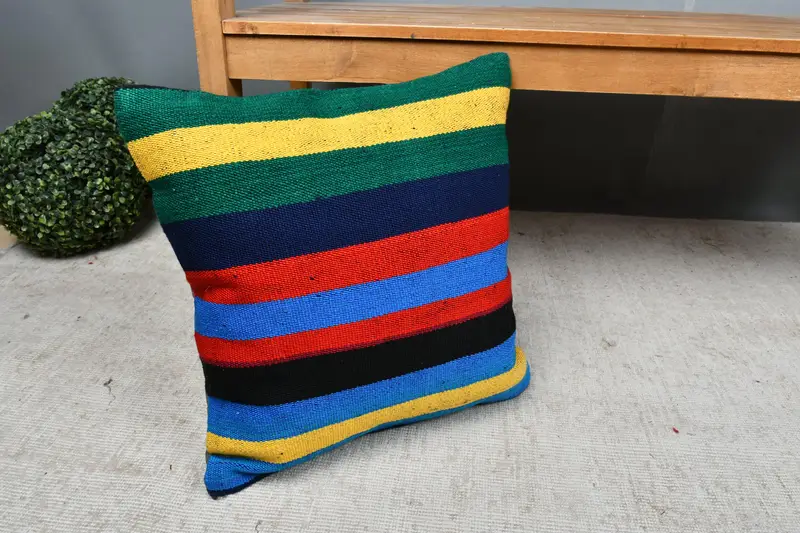 Gift Pillow, Handmade Kilim Cushion, 18x18 Blue Cushion Case, Pillow for Couch, Cushion Cover, Hippie Throw Cushion, Boho Throw Pillow Sham - 7