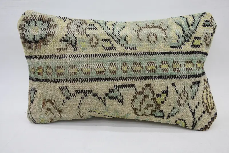 Plaid Beige Turkish Cushion Cover, Moroccan 12x20 inch Wool Pillow - 1