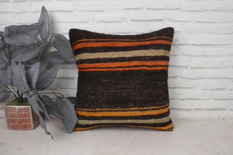 Pillow Cover, Throw Kilim Pillow, Turkish Rugs Cushion Cover, Vintage Kilim Pillow, Interior Designer Pillow, 18x18 Brown Pillow Cover - 1