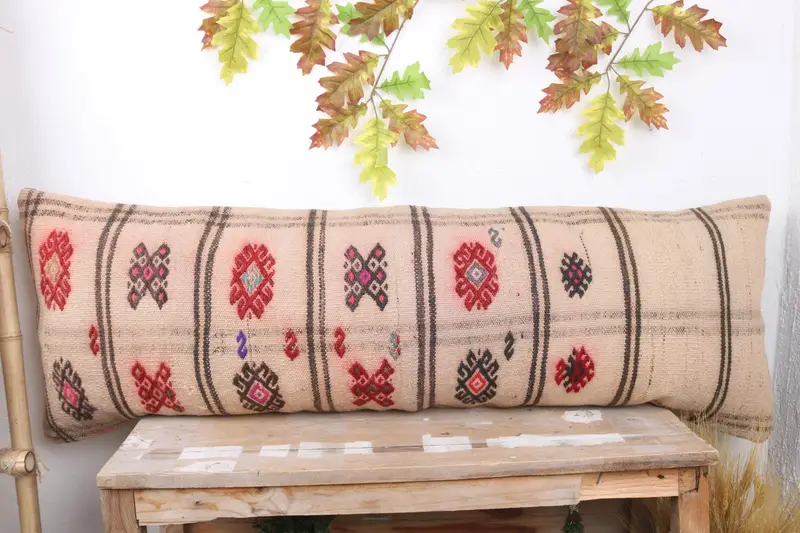 16x48 Beige Pillow Sham, Vintage Pillow, Cushion Cover, Ethnic Cushion Cover, Pillow for Couch, Square Throw Pillow Case, Handmade Kilim Cushion - 2
