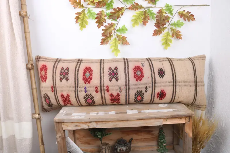 16x48 Beige Pillow Sham, Vintage Pillow, Cushion Cover, Ethnic Cushion Cover, Pillow for Couch, Square Throw Pillow Case, Handmade Kilim Cushion - 1