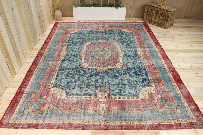 Handmade Blue Ombré Rug, 0.8x11.9 ft with Pink Accents