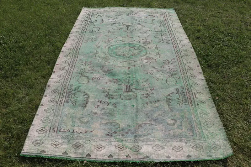 Handmade Green & Blue Rug, 4x8.3 ft Camouflage Pattern