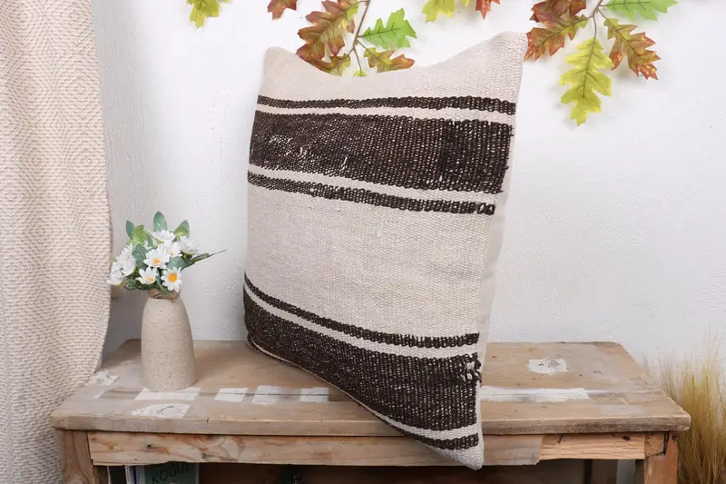 Ethnical Kilim Rug Pillow, Handmade Kilim Cushion, Antique Pillows, Yoga Cushion Case, Cushion Cover, 20x20 Beige Pillow, Turkish Bench Pillow Sham - 4