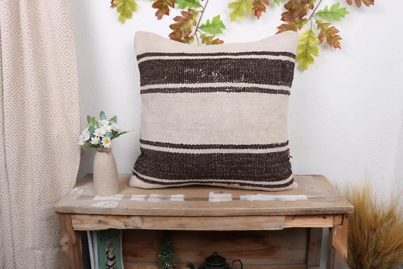 Ethnical Kilim Rug Pillow, Handmade Kilim Cushion, Antique Pillows, Yoga Cushion Case, Cushion Cover, 20x20 Beige Pillow, Turkish Bench Pillow Sham - 1