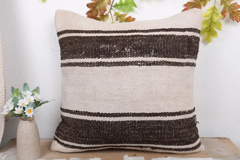 Ethnical Kilim Rug Pillow, Handmade Kilim Cushion, Antique Pillows, Yoga Cushion Case, Cushion Cover, 20x20 Beige Pillow, Turkish Bench Pillow Sham - 2