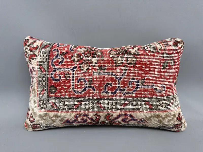 Kilim Cushion Sham, 12x20 Red Pillow Cover, Aesthetic Cushion Cover, Ethnical Kilim Rug Pillow, Vintage Kilim Throw Pillow, Pillow Sham - 4