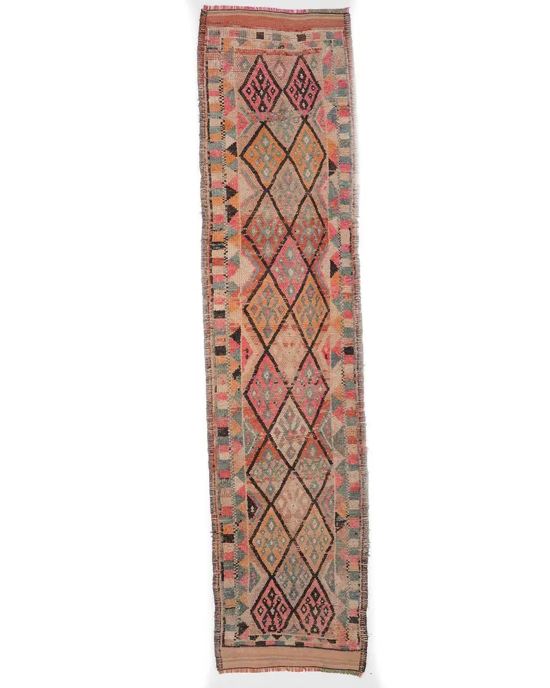 Pink Abstract Rug, 2.7x11.7 ft with Blue Accents