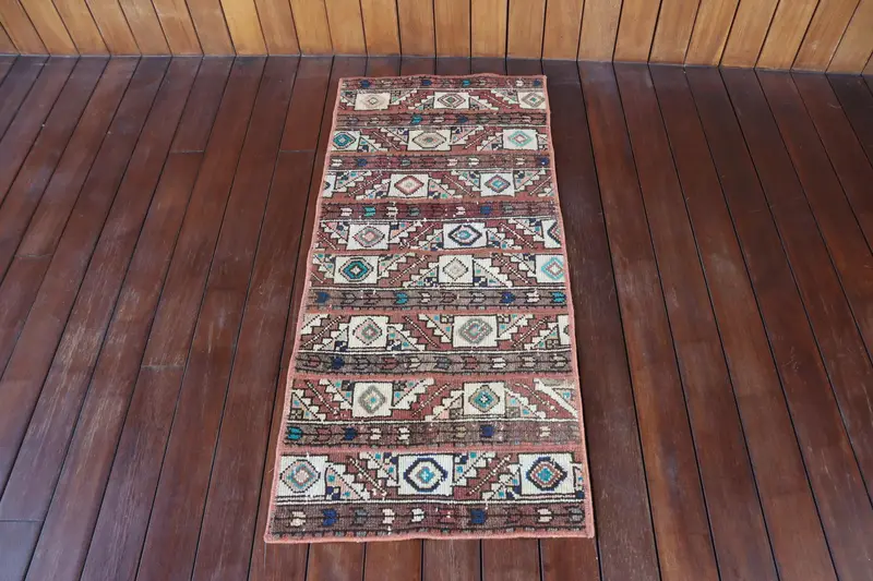 1.7x3.8 ft Small Vintage Rug, Turkish Rug, Brown Blue Ombré Wool Rug - 1