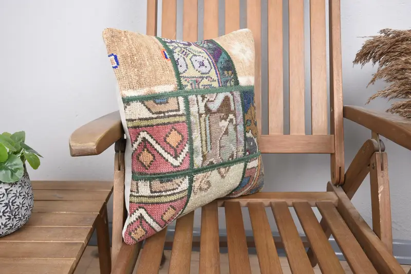 Turkish Kilim Pillow, Interior Designer Pillow, 16x16 Blue Cushion, Vintage Kilim Throw Pillow, Vintage Kilim Pillow Pillow Sham, Pillow Cover - 2
