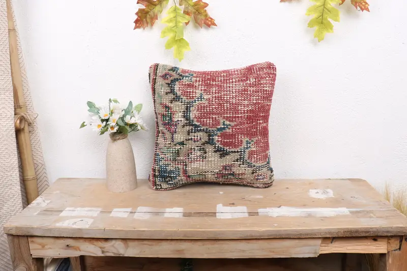 Vintage Pillow, Hippie Throw Pillow, Boho Pillow Sham Cover, Pillow Cover, 12x12 Red Pillow Case, Natural Cushion Cover, Home Decor Pillow - 1