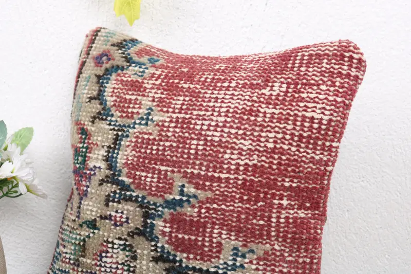 Vintage Pillow, Hippie Throw Pillow, Boho Pillow Sham Cover, Pillow Cover, 12x12 Red Pillow Case, Natural Cushion Cover, Home Decor Pillow - 5