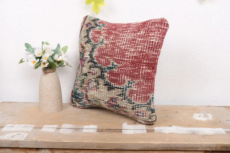 Vintage Pillow, Hippie Throw Pillow, Boho Pillow Sham Cover, Pillow Cover, 12x12 Red Pillow Case, Natural Cushion Cover, Home Decor Pillow - 4