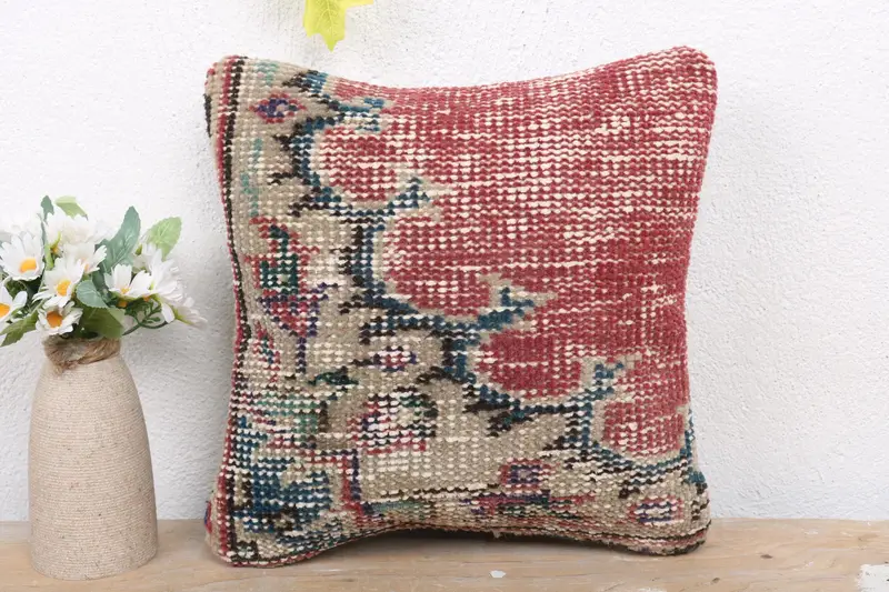 Vintage Pillow, Hippie Throw Pillow, Boho Pillow Sham Cover, Pillow Cover, 12x12 Red Pillow Case, Natural Cushion Cover, Home Decor Pillow - 2
