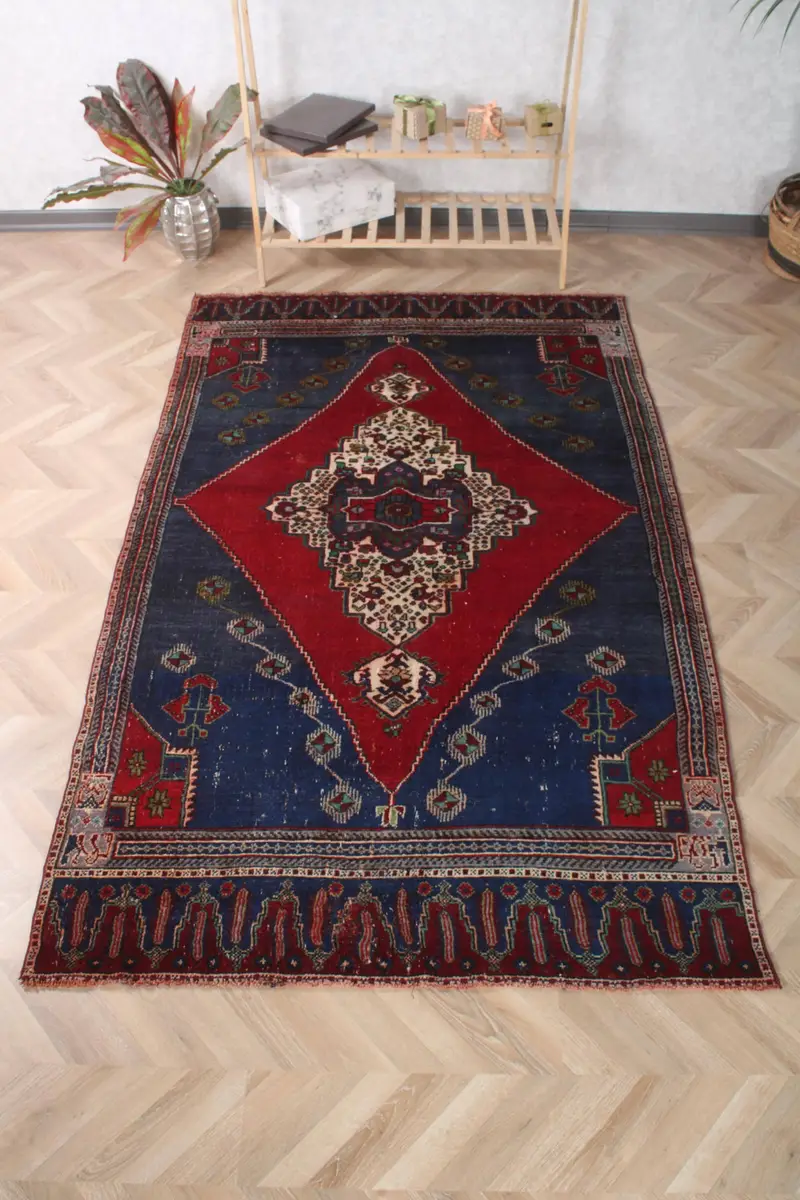 Turkish Vintage Oushak Rug 4.6x7.7 ft, Blue Oversize Animal Print Wool Rug - 1