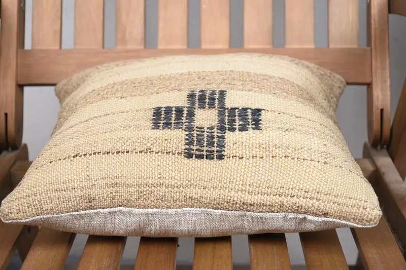 Vintage Kilim Throw Pillow, Turkish Pillow, Aesthetic Pillow, Outdoor Bolster Cushion, Pillow Cover, Vintage Pillow, 14x14 Beige Pillow Sham - 5