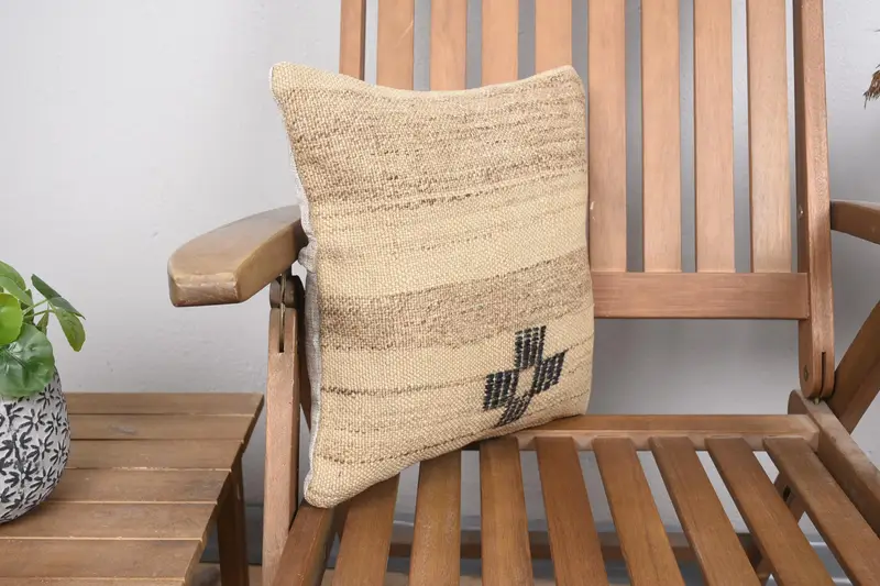 Vintage Kilim Throw Pillow, Turkish Pillow, Aesthetic Pillow, Outdoor Bolster Cushion, Pillow Cover, Vintage Pillow, 14x14 Beige Pillow Sham - 2