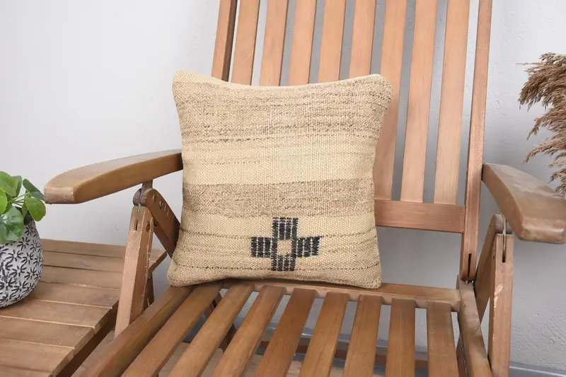 Vintage Kilim Throw Pillow, Turkish Pillow, Aesthetic Pillow, Outdoor Bolster Cushion, Pillow Cover, Vintage Pillow, 14x14 Beige Pillow Sham - 1