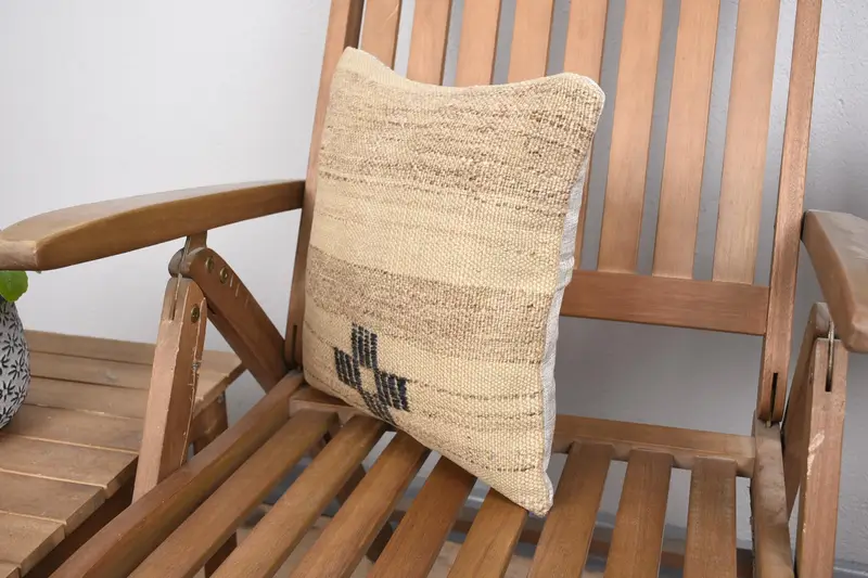 Vintage Kilim Throw Pillow, Turkish Pillow, Aesthetic Pillow, Outdoor Bolster Cushion, Pillow Cover, Vintage Pillow, 14x14 Beige Pillow Sham - 3
