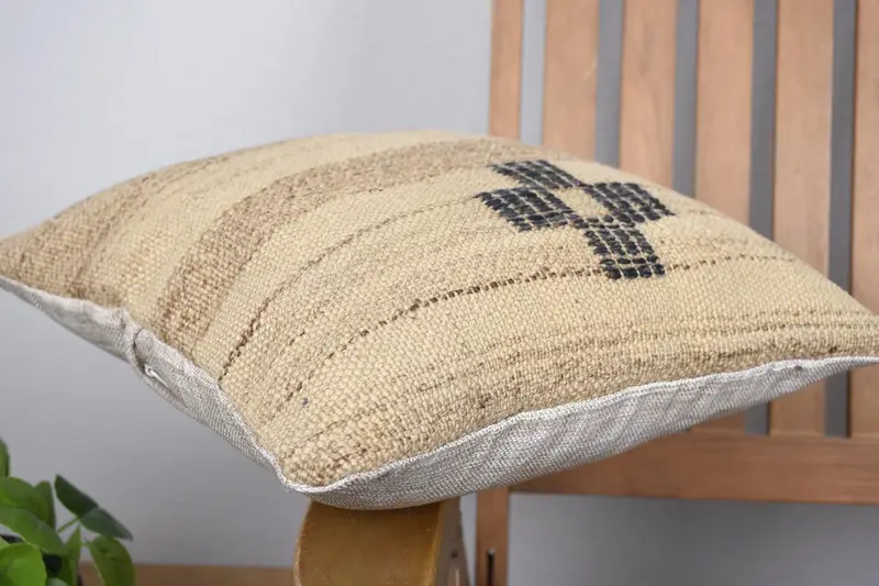 Vintage Kilim Throw Pillow, Turkish Pillow, Aesthetic Pillow, Outdoor Bolster Cushion, Pillow Cover, Vintage Pillow, 14x14 Beige Pillow Sham - 6