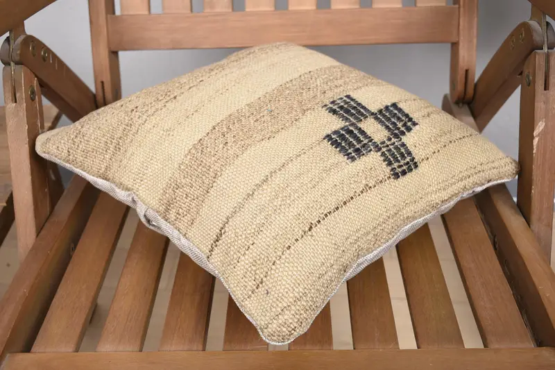 Vintage Kilim Throw Pillow, Turkish Pillow, Aesthetic Pillow, Outdoor Bolster Cushion, Pillow Cover, Vintage Pillow, 14x14 Beige Pillow Sham - 4