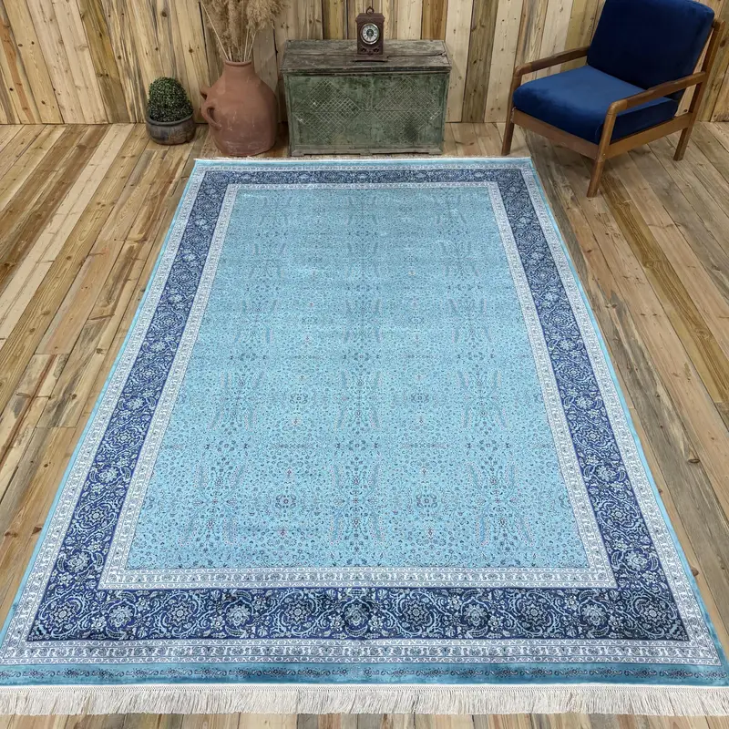 Alfombra vintage turca grande de 6,4x6,7 pies, alfombra de seda a cuadros azules - 1