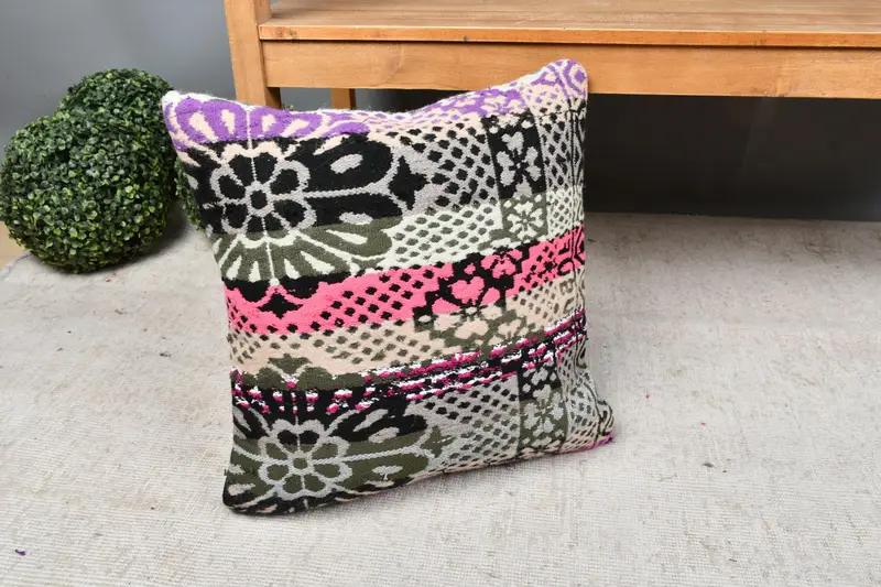 Turkish Rugs Cushion Case, Turkish Kilim Pillow, Gift Pillow, Boho Chic Cushion Case, 18x18 Pink Pillow Sham, Antique Pillows, Pillow Case - 7