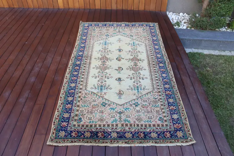 Vintage 3.7x6.6 ft Halı, Alan Türk Halısı, Mavi Kamuflaj Yün Halı - 1