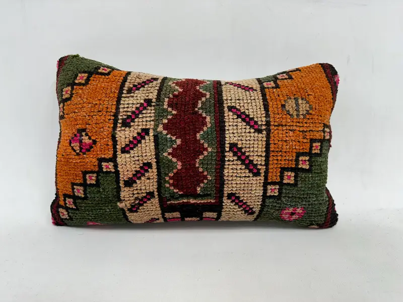 Pillow, Vintage Kilim Pillow, Indoor Pillow Sham, Boho Pillow, 12x20 Orange Pillow Sham, Vintage Throw Cushion Case, Pillow for Sofa - 1