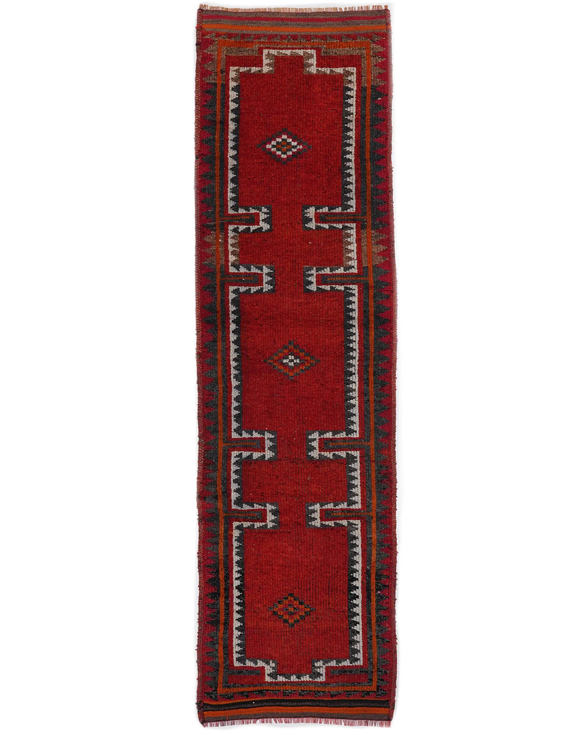 3.2x11.5 ft Vintage Rug, Turkish Runner Rug, Red Black Check Rug - 1