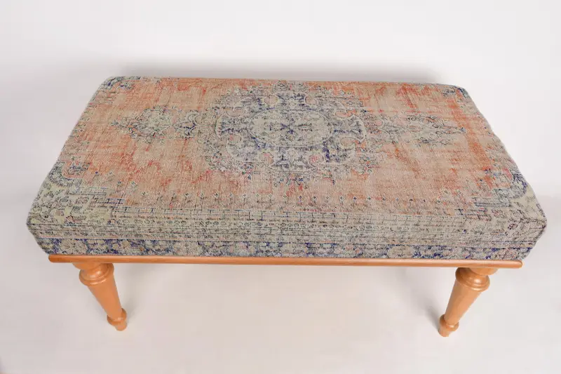 Modular Sofa Set with Red & Bronze Kilim-Inspired Ottoman, Wool Blend Fabric