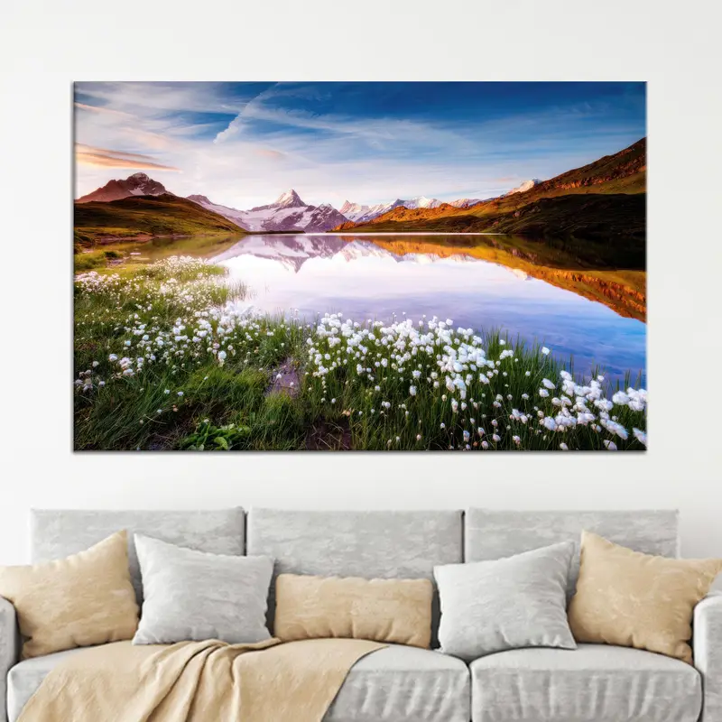 Eleganter Leinwanddruck: Naturlandschaft See und Schweizer Alpen