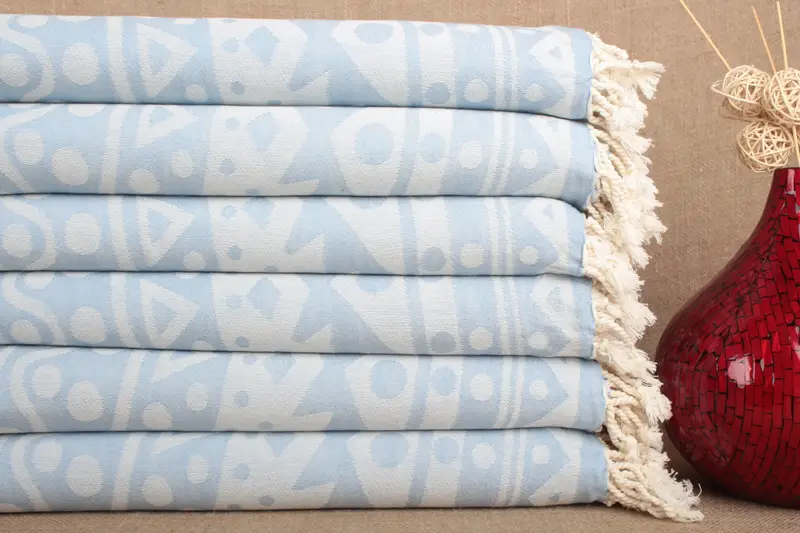 Organic Beach Towel Patterned Peshtemal Light Blue 40x71 Inches