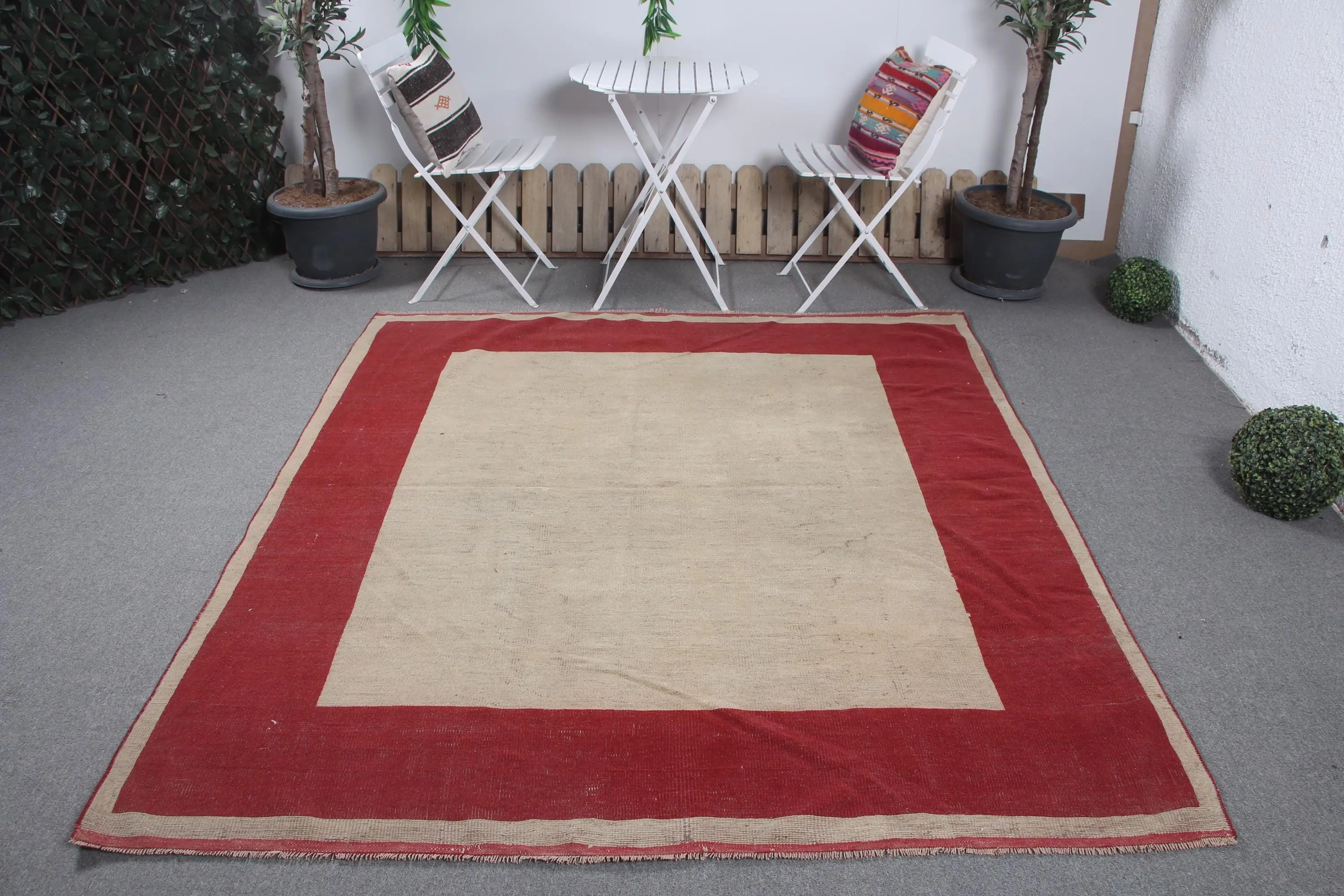 6.2x7 ft Türk Halısı, Kilim, Kırmızı Bitkiler ve ağaçlar Kilim Yünü - 1