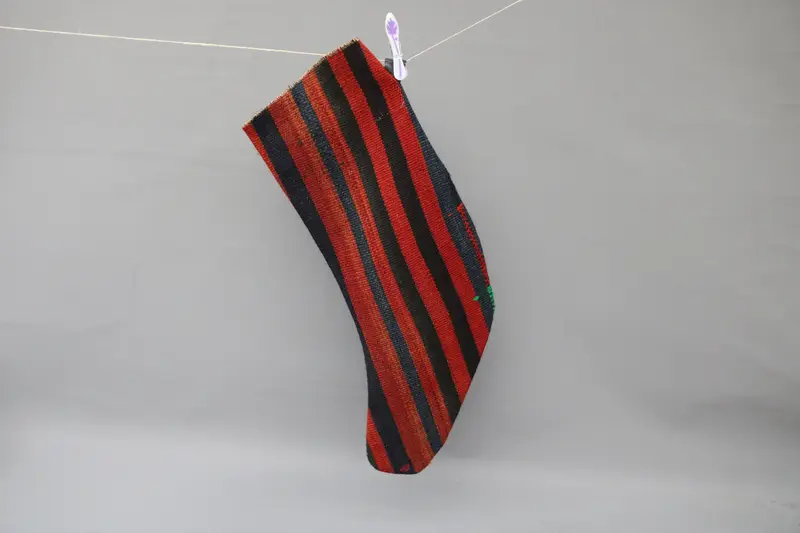 Red Christmas Stocking with Black Ornaments, Festive Holiday Decor