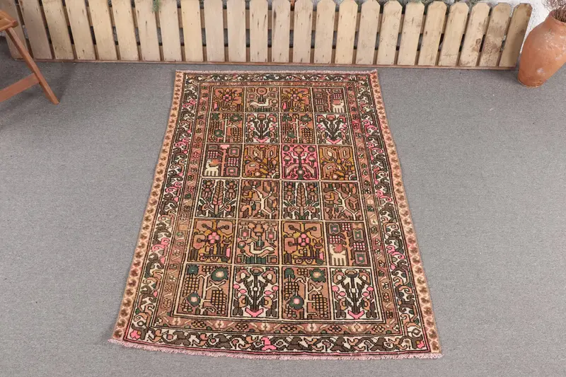 El Yapımı Kahverengi ve Sarı Halı, 3,5x4,9 ft Çiçek ve Geometrik